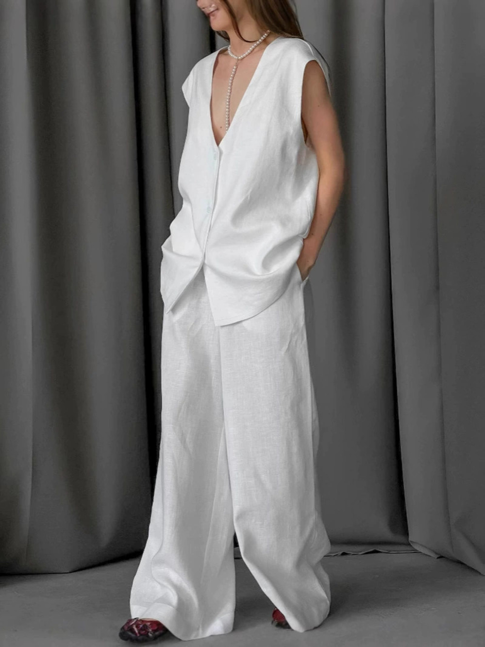 Zara Spring Summer Casual Comfort Collar Vest Straight Leg Pants Set